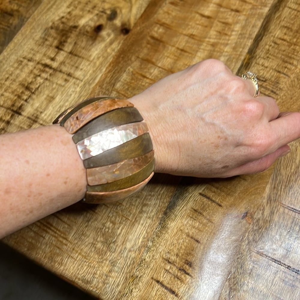 Bohemian Elasticized Wooden & Mother of Pearl Cuff Bracelet Tribal Unique